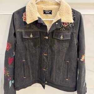 Johnny Was Black Denim Jacket with Floral Embroidery and Cream Sherpa Collar